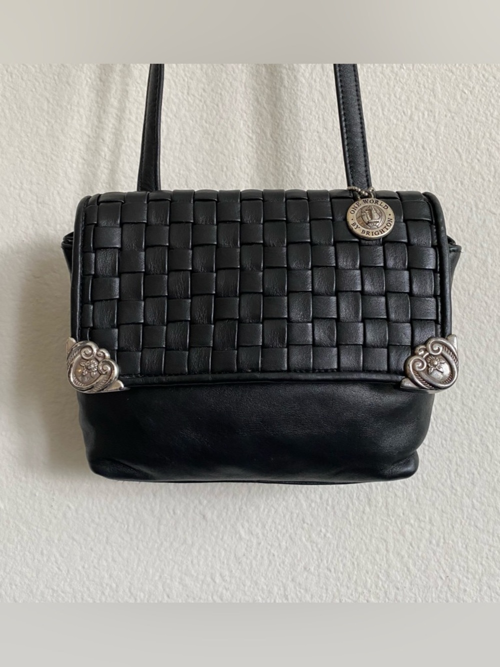 Vintage 1995 Brighton Black Woven Leather Shoulder Bag with Silver Accents